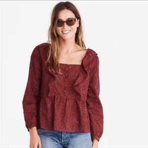 Madewell Burgundy Eyelet Pom-Pom Blouse Size S